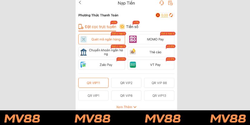 Nạp và rút tiền dễ dàng cùng MV88